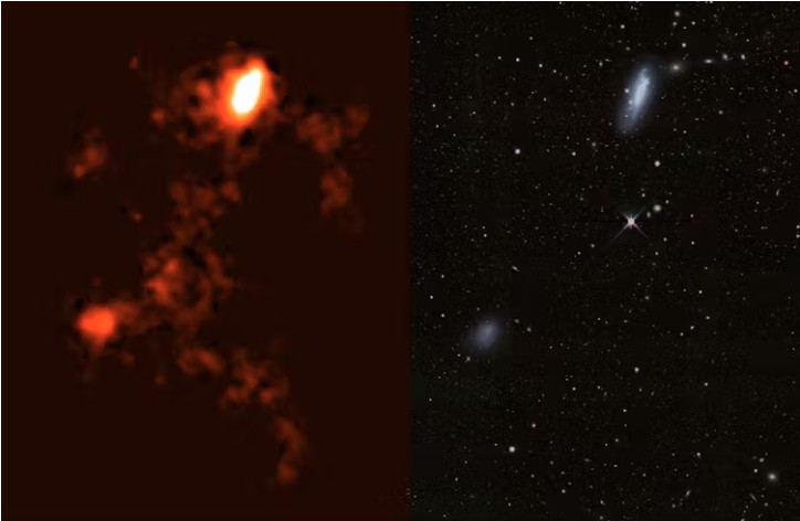 Left: Radio astronomy image of neutral hydrogen gas in and around the galaxies NGC 4532 / DDO 137.