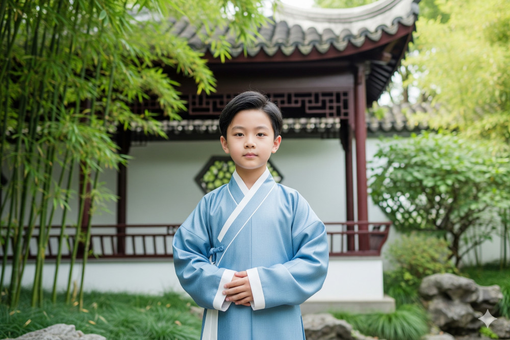 AI-generated image of a young Asian boy in front of a temple.