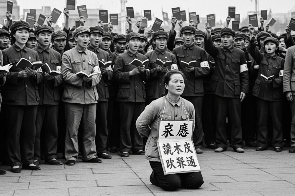 AI-generated image of a Cultural Revolution-era public denunciation in China.