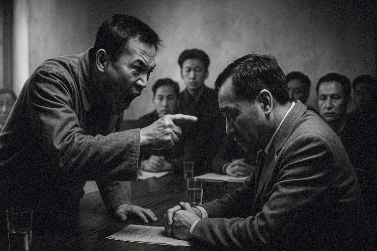 AI-generated image of a tense 1950s boardroom confrontation in China during the Five Anti Campaign, where a man shouts and points at a businessman with his head bowed, while others sit silently watching in fear.