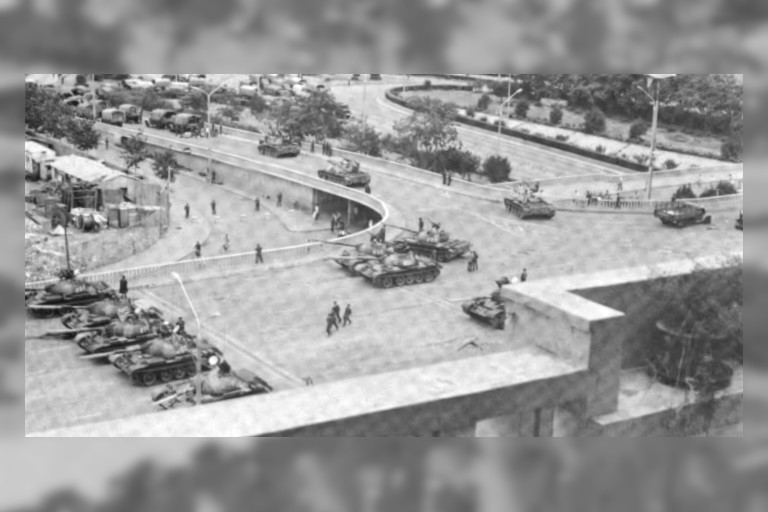 Black and white photo of tanks deployed in Beijing in 1989 for use against students protesting for freedom and democracy in China.