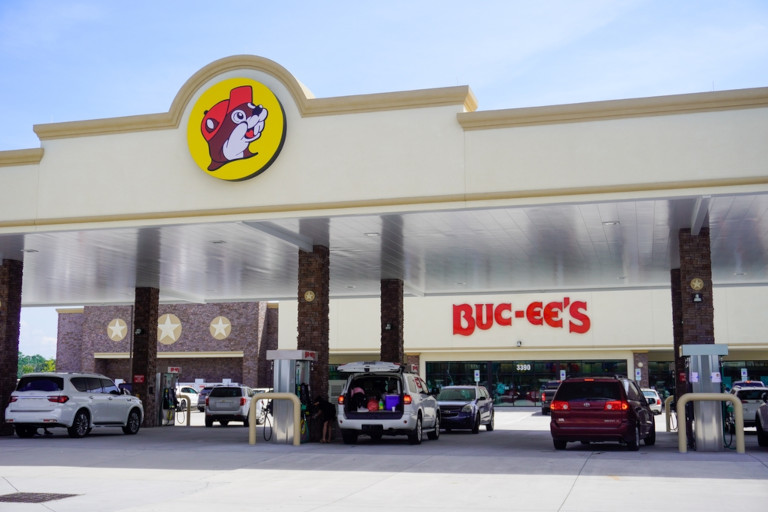Fuel pumps outside a Buc-ee's gas station.