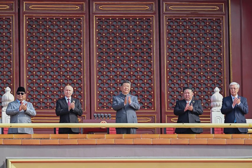 President of Indonesia Prabowo Subianto, President of the Russian Federation Vladimir Putin, General Secretary of the Chinese Communist Party Xi Jinping, General Secretary of the Workers' Party of Korea Kim Jong Un, and President of Kazakhstan Kassym-Jomart Tokayev at China's Victory Day military parade in Beijing, 2025.