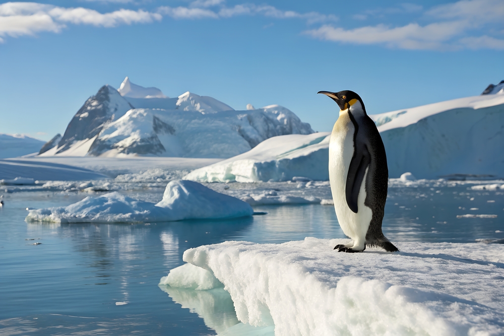 A majestic Emperor penguin stands gracefully on an ice floe in Antarctica, surrounded by stunning icy landscapes under a clear blue sky.
