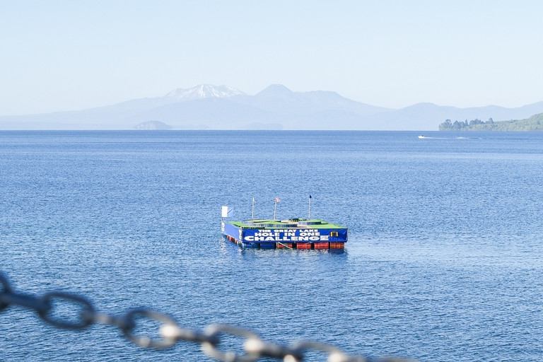 Floating hole-in-one challenge in Taupo, New Zealand.
