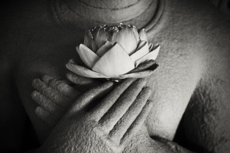 A woman holding a lotus flower.