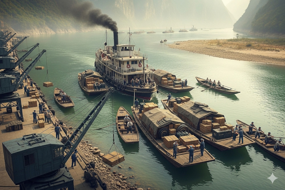 AI-generated image of a civilian river convoy in China loading machinery and crates at a Yangtze wharf as cranes swing cargo aboard a steamboat.
