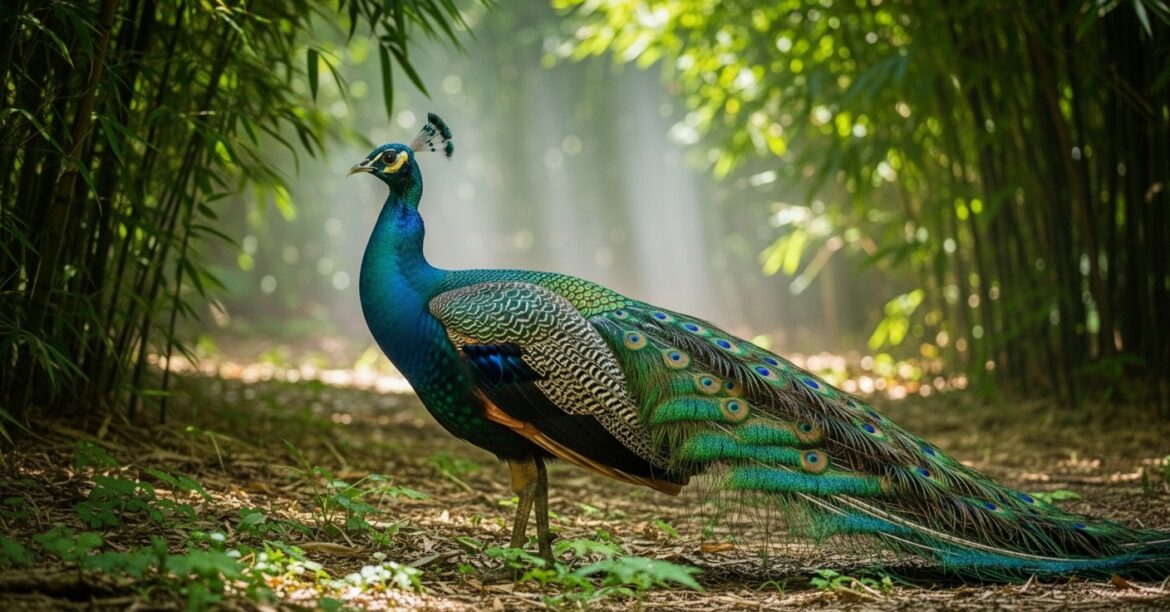 A peacock in a forest.