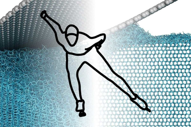 Illustration of orderly molecules of frozen water becoming disorderly as someone steps onto the surface wearing an ice skate.