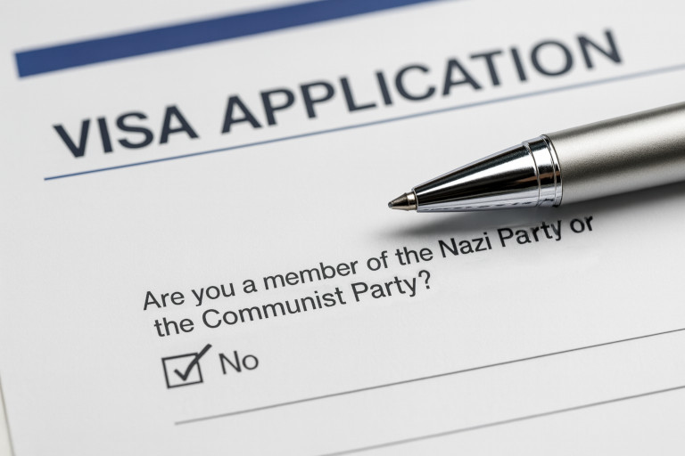 Question from a Visa application form asking if someone is a member of the Nazi Party or the Communist Party.