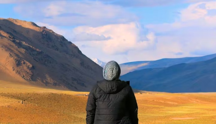 A person looking out at the mountains.