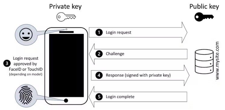 A passkey uses a combination of two keys, one public and one private.