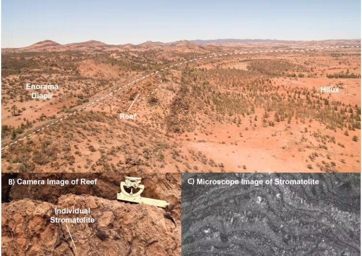 A: Drone view of the landscape, shaped by ancient processes. B: Up close with a camera, outcrops reveal layers and patterns that hint at changing environments. C: Under the microscope, hidden textures show the building blocks of our planet.