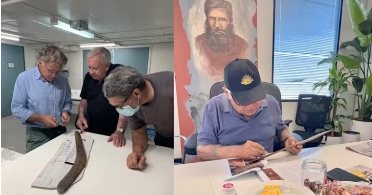 Left: Richard Fullagar and Wurundjeri Woi-wurrung Elders Ron Jones and Allan Wandin inspecting the wangim (boomerang). Right: Wurundjeri Woi-wurrung Elder Bob Mullins analysing the wangim.