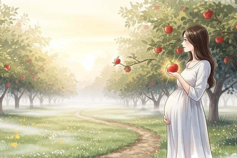 AI-generated image of a mother in a misty orchard holding an apple in one hand while her other hand rests on her pregnant belly.