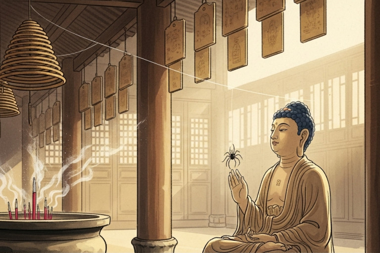 AI-generated image of the he Buddha gently speaking to a spider on its web inside Yuanyin Temple, incense smoke curling through soft golden light in watercolor style.