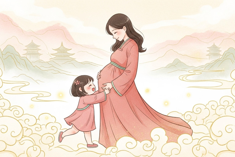 AI-generated image of a little girl with a round face and short bob running into her mother’s arms in a misty dreamscape with Asian pagodas and mountains in the background.