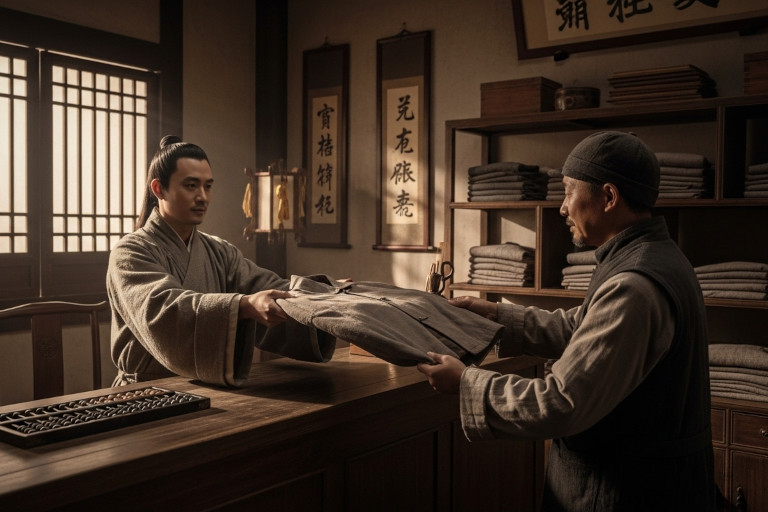 AI-generated image of a shop in ancient China with a man handing a folded jacket across a counter to someone.