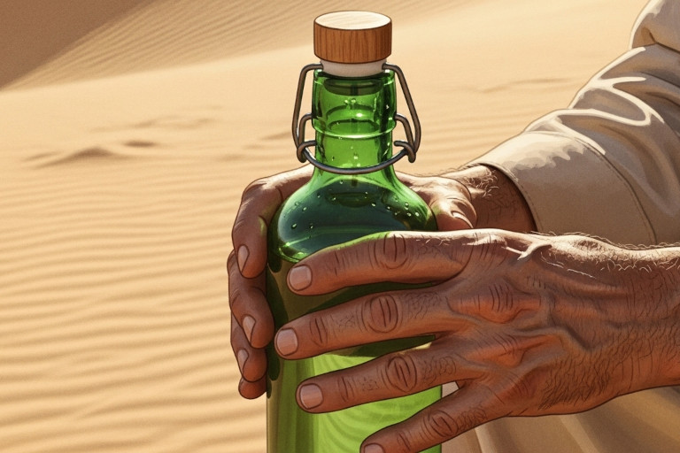 AI-generated image of a weathered hand holding a glass water bottle sealed with a wooden stopper against desert sand.