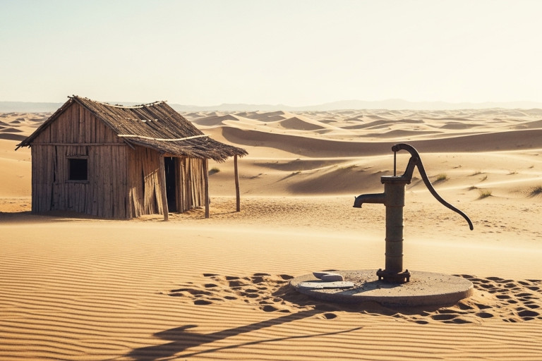 AI-generated image of an old hut and hand water pump standing alone in a quiet desert, sand dunes and soft sunlight stretching to a distant horizon.