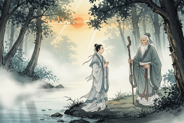 AI-generated image of a young scholar meeting a mysterious elder by a forest pool at dusk in traditional Chinese watercolor style.