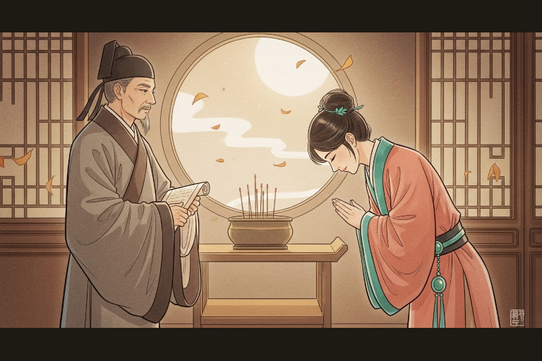 AI-generated image of a young Chinese woman bowing to an older man holding a scroll.
