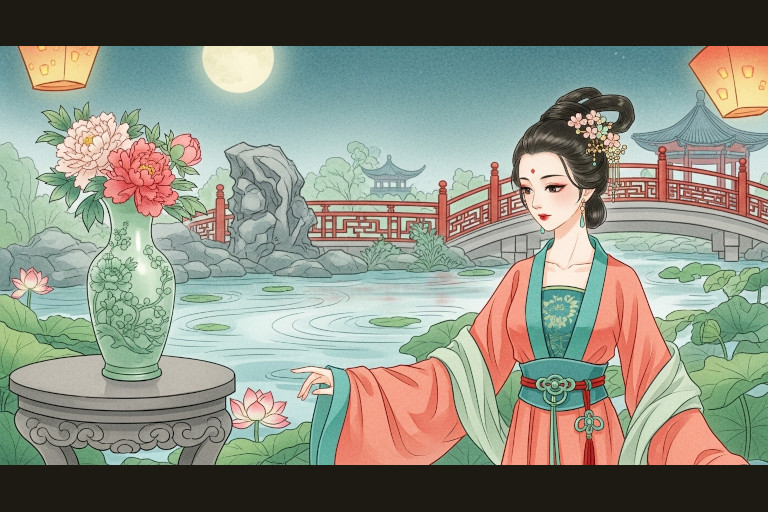AI-generated image of a beautiful young Chinese woman in a garden at night wearing Hanfu.