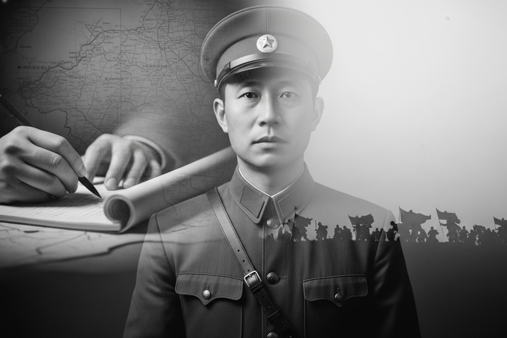 AI-generated image of a Guo Rugui, double-exposed with a hand writing on maps and distant troops, symbolizing divided loyalties and betrayal.