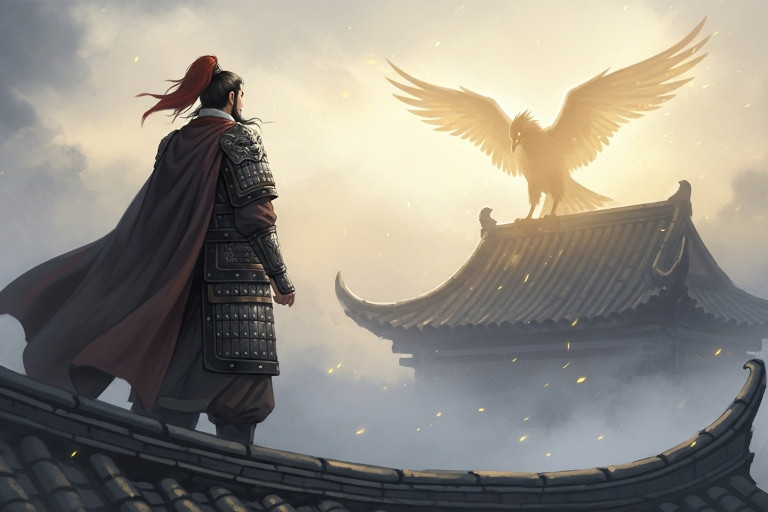 AI-generated image of Yue Fei standing in armor as a faint golden-winged bird appears above him, symbolizing his mother’s prophetic dream.