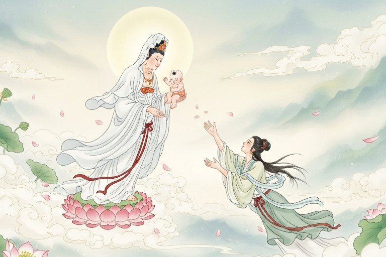 AI-generated watercolor image of Guanyin offering a glowing infant to a humble mother standing among clouds.