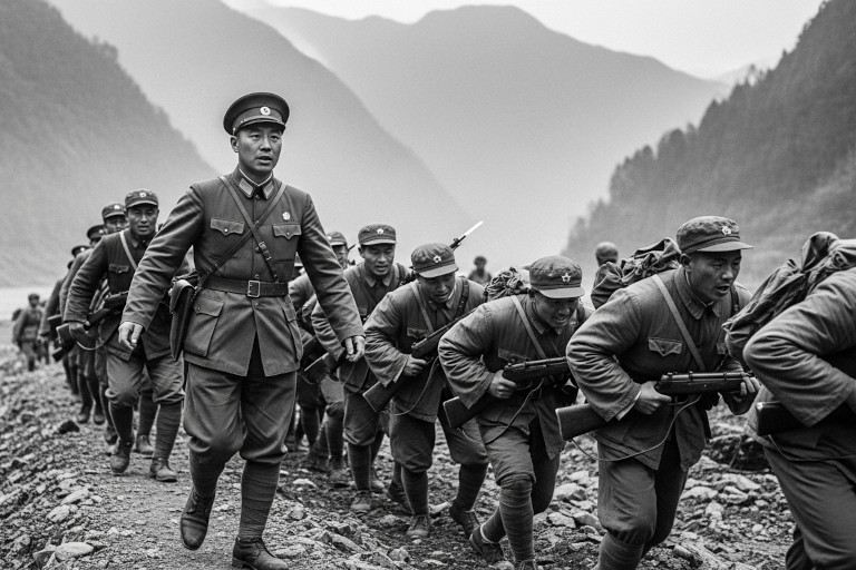 AI-generated image of a Chinese military officer leading troops in a mountainous area alongside a river.