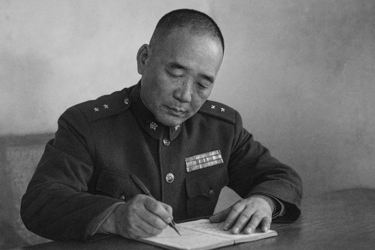 AI-generated image of a Chinese military officer writing something while seated at a desk.
