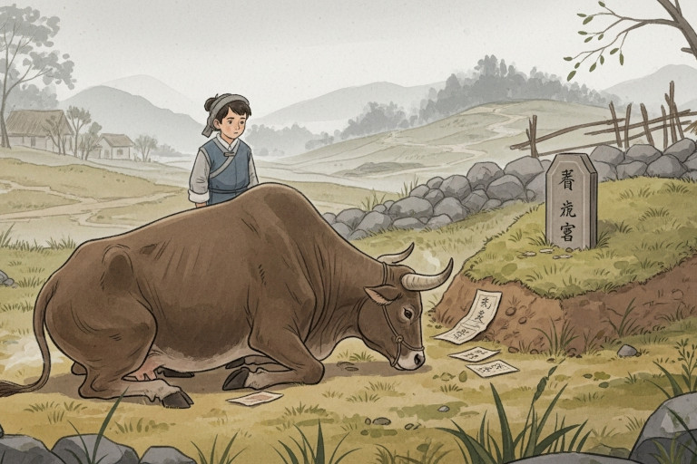 The old ox knelt at the grave while Little Dong watched in stunned silence.