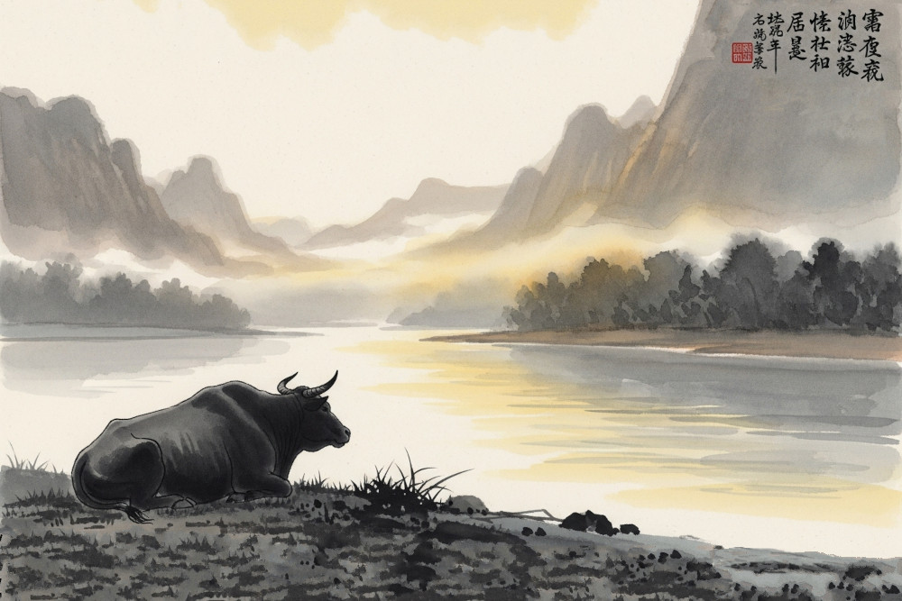 AI-generated image of a lone ox resting by a misty riverbank in traditional Chinese watercolor style.