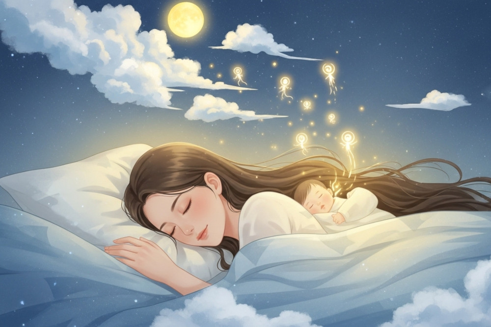 AI-generated image of a young woman dreaming of tiny souls and a baby coming to join her.