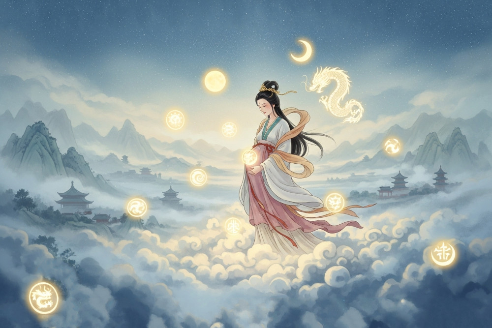 AI-generated image of a serene mother standing among clouds, surrounded by soft light and ancient Chinese symbols like the sun, moon, and dragon.