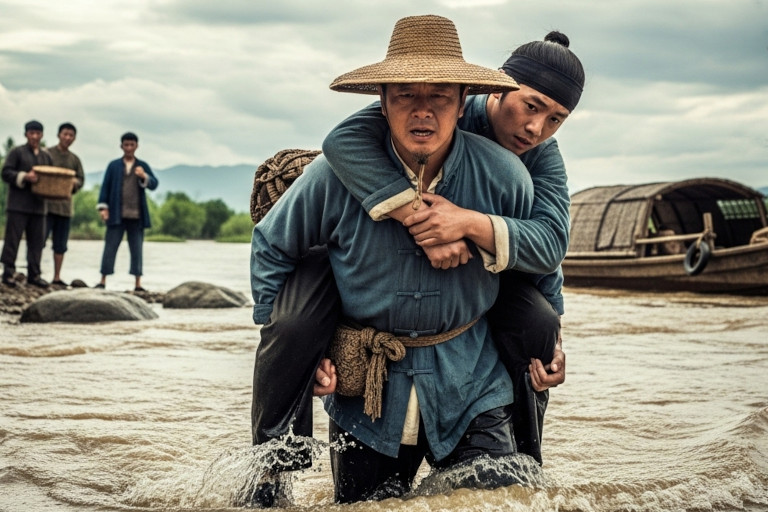 AI-generated image of a Chinese farmer in the late-imperial era of China carrying a man on his back to cross a flooded river.