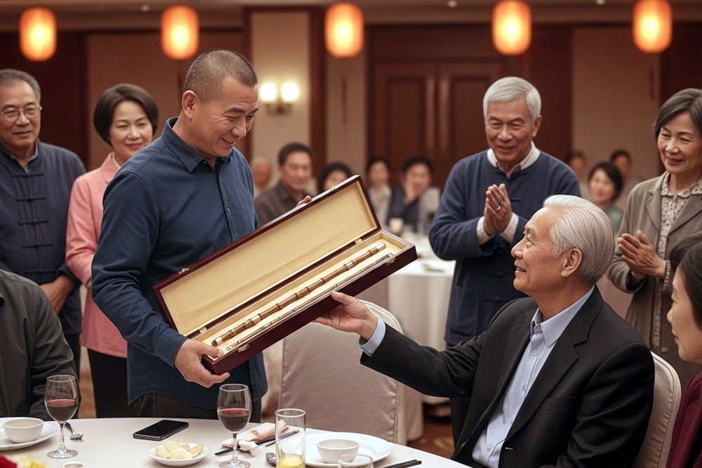 AI-generated image of a middle-aged man presenting a long wooden box containing a thin bamboo cane to his retired teacher at a banquet.