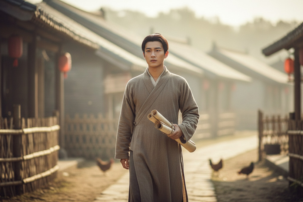 AI-generated image of a young Qing Dynasty scholar walking along a rural village path at dawn, holding scrolls with a thoughtful expression.