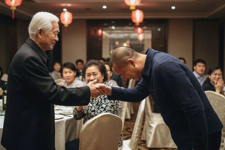 AI-generated image of a middle-aged man bowing deeply before his retired teacher at a banquet as the teacher smiles kindly.
