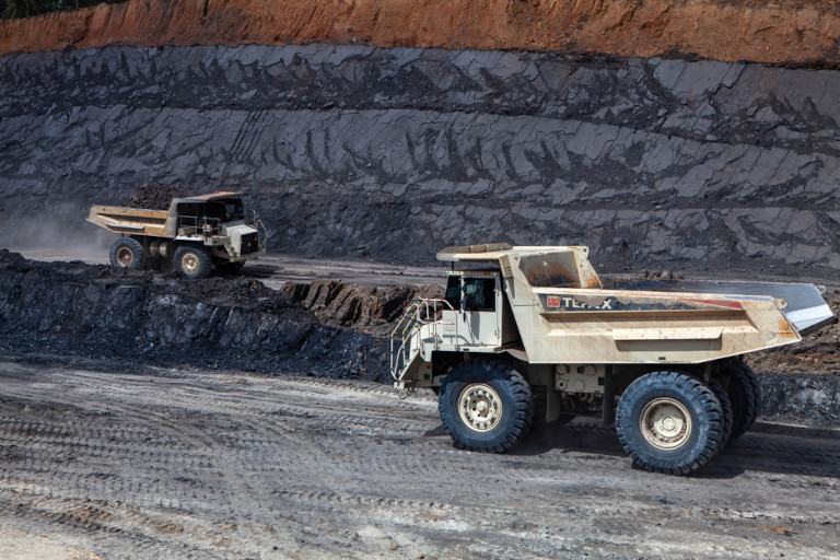 Trucks waiting to be loaded at a Chinese coal mine.