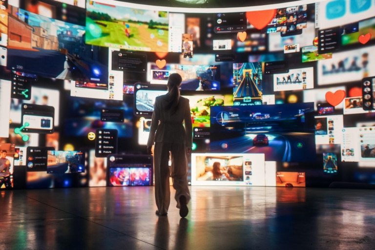 Woman with her back to the camera looking at a wall of monitors showing various digital content.