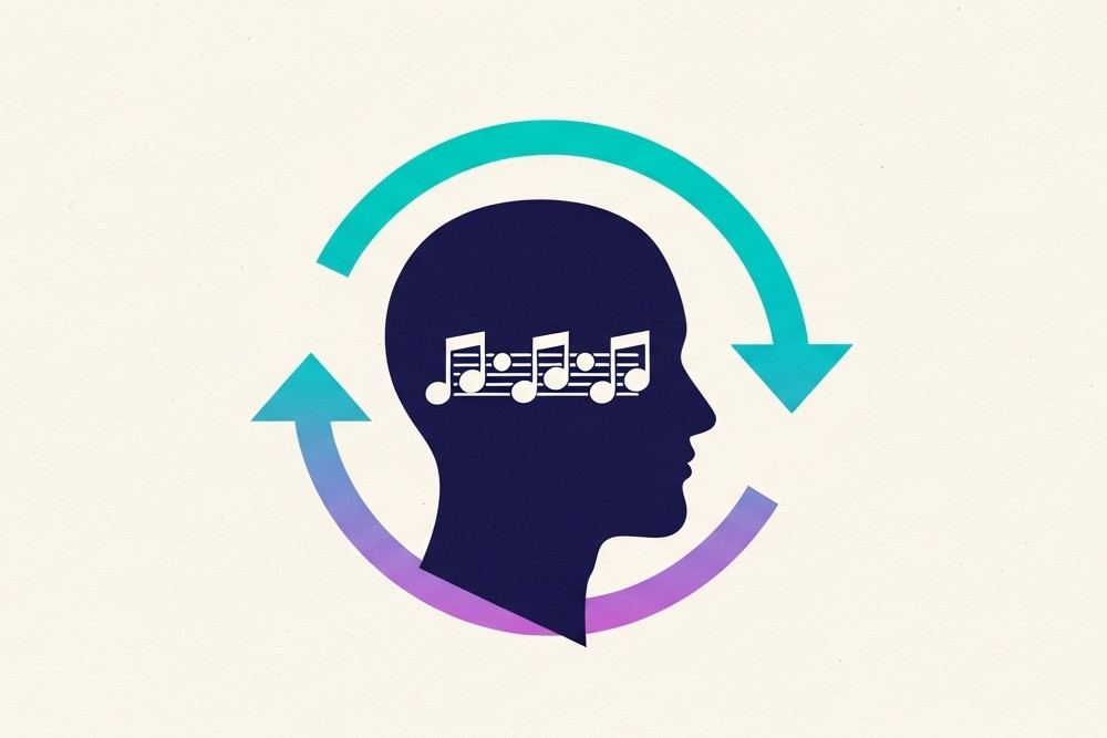 AI-generated image of a silhouetted head encircled by a looping arrow with repeating music notes.