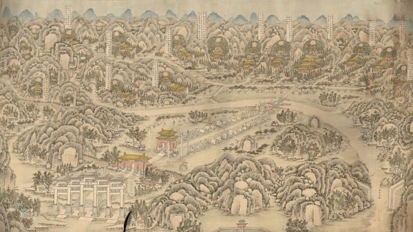 A watercolor of the layout of the Ming Tombs.