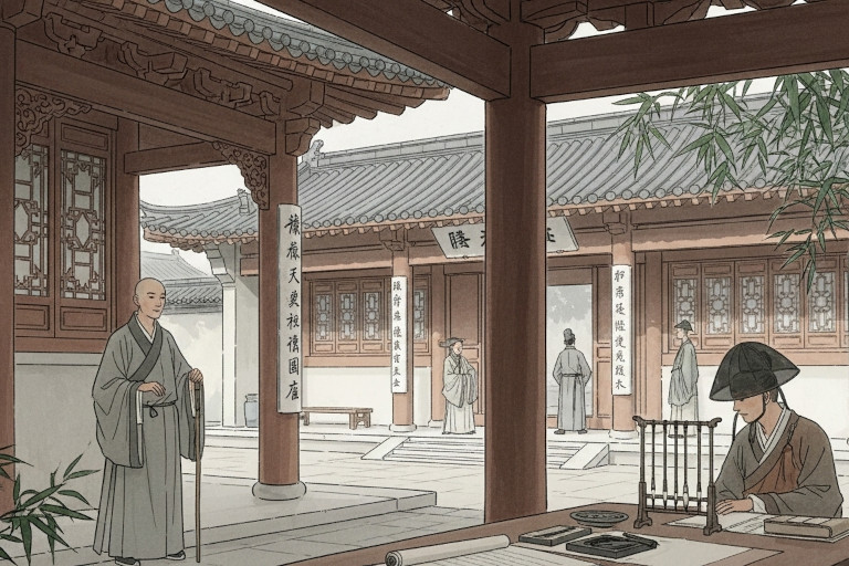 Watercolor scene of a Song-era academy courtyard with a monk at the gate and two scholars approaching under curved eaves.