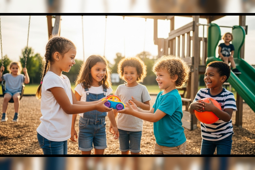 AI-generated image of children sharing toys and laughing together on a playground, symbolizing kindness and connection.