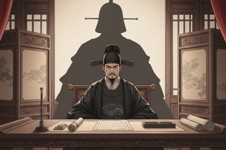 Watercolor depiction of Qin Hui seated in an ornate Song-era hall, with a subtle, symbolic silhouette of General Yue Fei behind him.