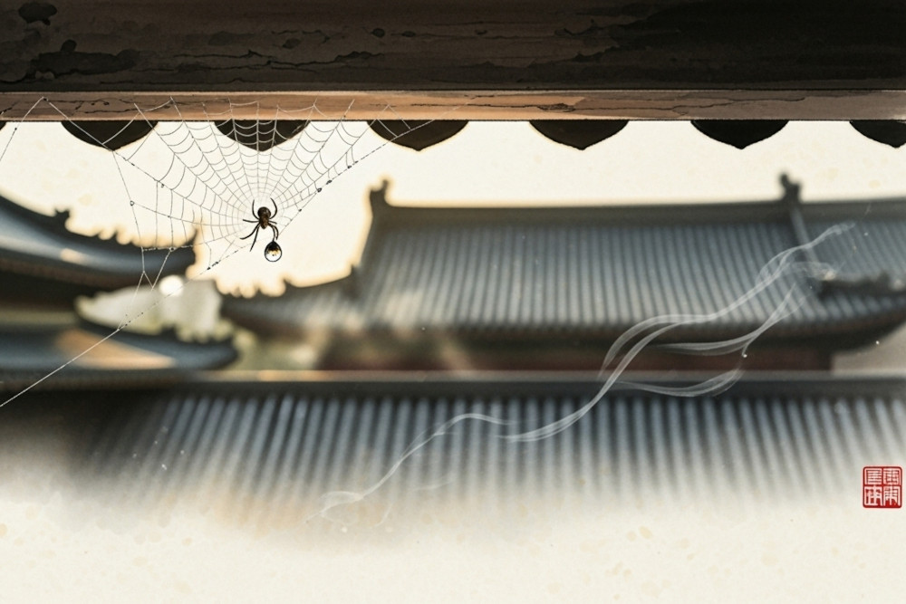 AI-generated image of a gentle spider beside a dew drop on its web under the temple beam at Yuanyin Temple.