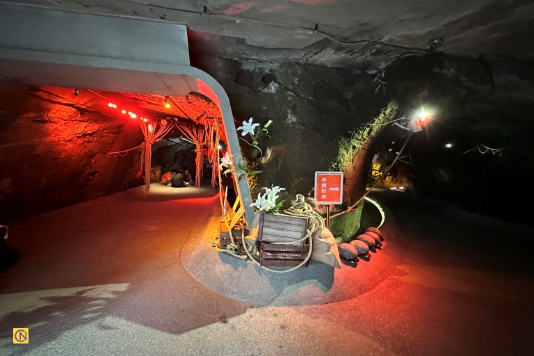 Gentle lighting turns the former air-raid shelter into a calm, peaceful scene.