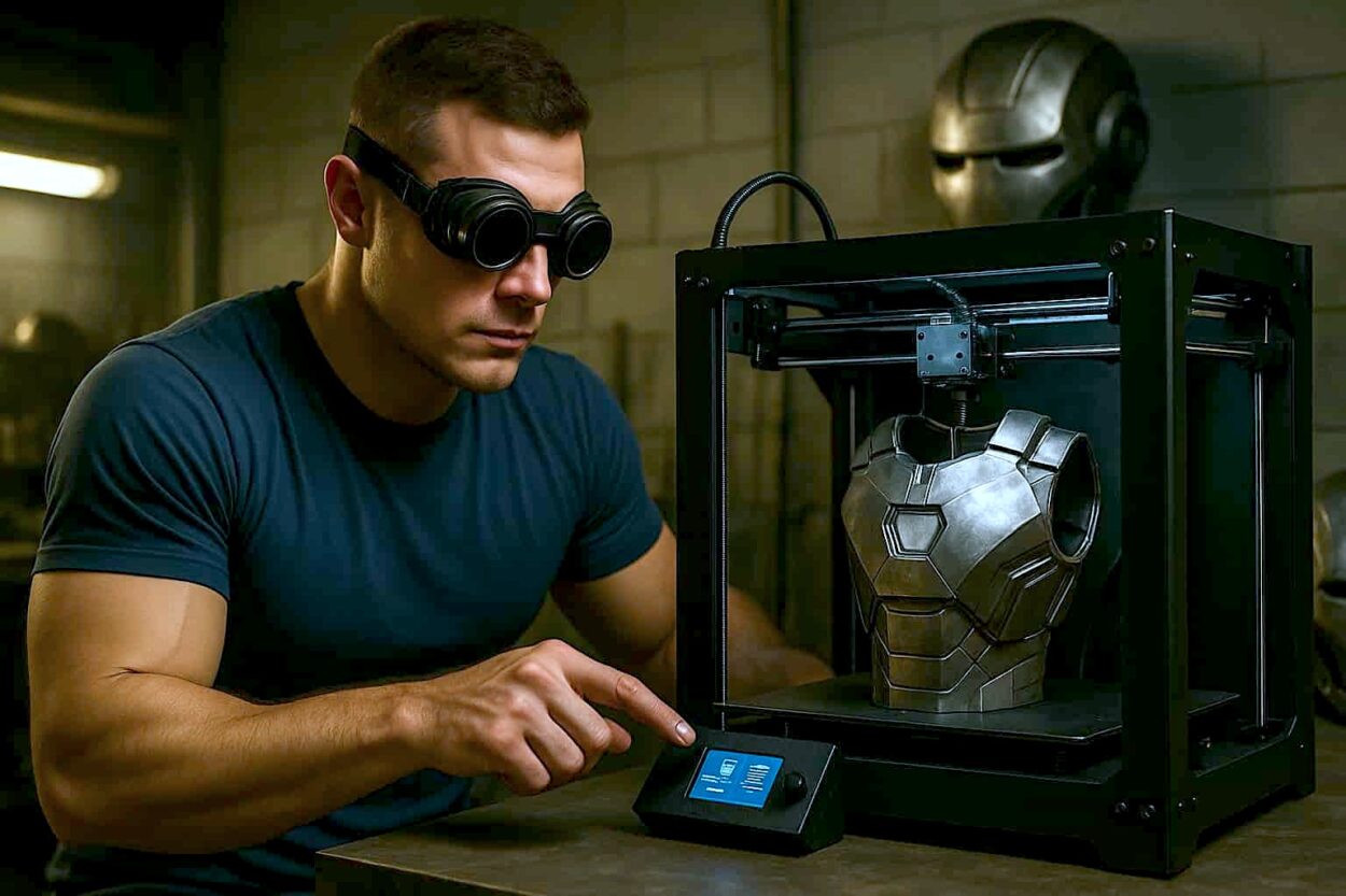 Aledged real life iron man suit by a Russian Youtube creator conceptually shown 3d printing a miniature iron exo suit.